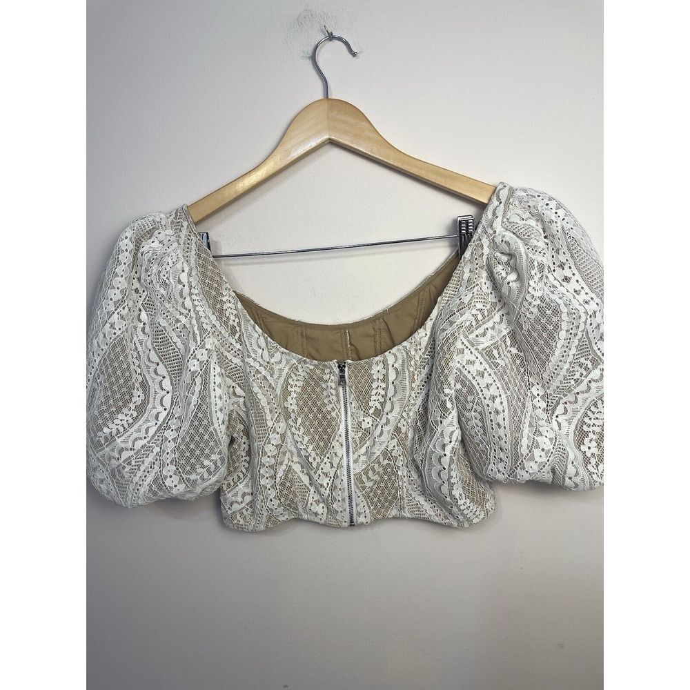 Saylor Jenni Top Blouse Cropped White Beige Lace Zip Puff‎ Sleeve M Retail $253 - Picture 6 of 11